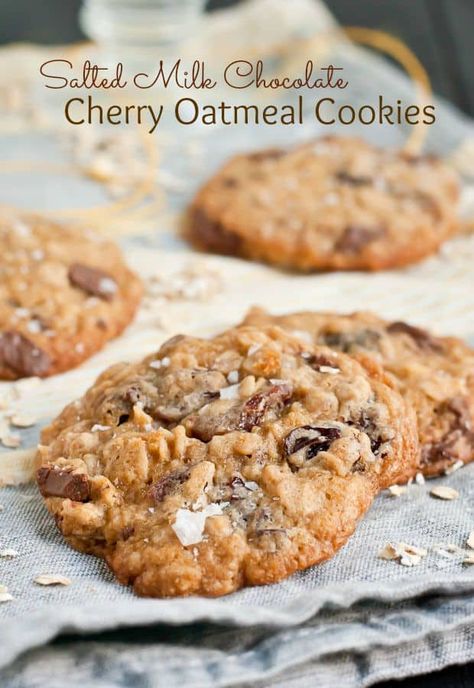 Salted Milk Chocolate Cherry Oatmeal Cookies | NeighborFood Chocolate Cherry Oatmeal, Freezable Cookies, Cookie Perfection, Salty Tart, Cherry Oatmeal Cookies, Cherry Oatmeal, Salty Cookies, Brownies Cookies, Cherry Cookies