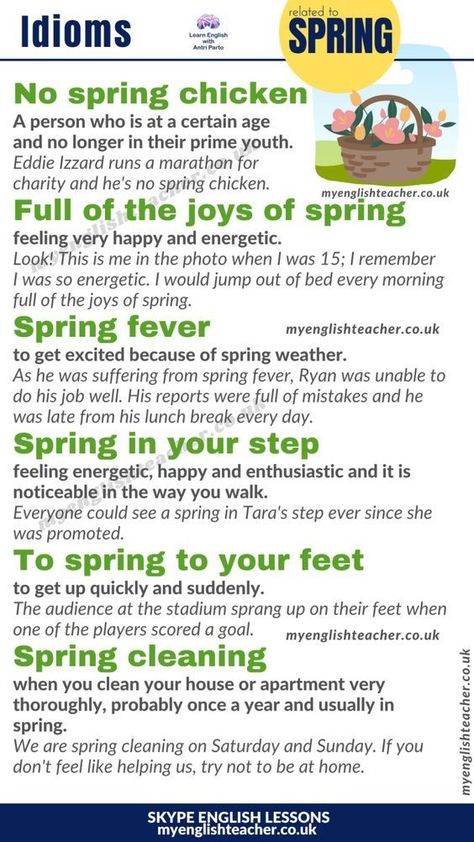 Spring Idioms, Good Idioms, Idioms And Proverbs, Esl Vocabulary, English Phrases Idioms, Idioms And Phrases, Spring Chicken, English Vocab, Good Vocabulary Words