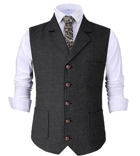 PRICES MAY VARY. Features: Button closure,single breasted 6 buttons,3 real pockets, adjustable back strap. Size: Please read the our size chart information of the product in order to choose your own size,not Amazon size chart. Fabrics: tweed pattern, it’s comfortable, simple, classic.Wool blend vest for casual comfort. Occasions: The vest is easy to match with dress shirt, suit coat, casual pants, etc. Suit for daily wear, business, Groomsmen, outdoor, all occasions and seasons. Attention: Dry c Men's Waistcoat, 1920s Suit Mens, Waistcoats Men, 1920s Suit, Men Vest, Retro Suits, Waistcoat Men, Tweed Vest, Herringbone Jacket