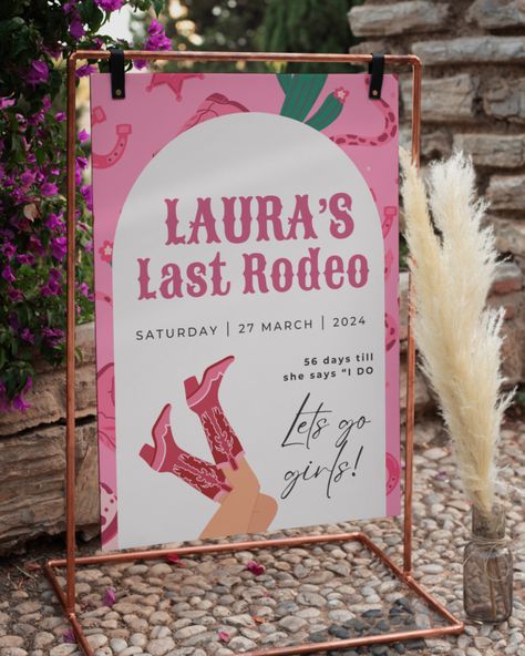 Customised Hen Party / Bridal Shower Welcome Sign - Last Rodeo Cowgirl Themed! A gorgeous personalised "Last Rodeo" Hen Party large welcome sign for your cowgirl-themed hen do or bachelorette party! Choose between A1 or A2 sizing on a sturdy 3mm foam board. The perfect way to welcome your guests to your Hen Party event, this personalised sign serves as the perfect backdrop for memorable photos, featuring the bride's name and event date, making it an unforgettable addition to your celebration! Pink Theme Hens Party, Hens Cowgirl Theme, Hen Do Last Rodeo, Western Hens Party, Cowboy Hens Party, Last Rodeo Hen Do, Cowboy Hen Do, Last Rodeo Bridal Shower Ideas, Cowgirl Hen Party