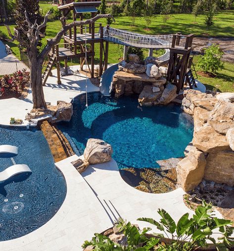 Pool With Slides Ideas, Outdoor Pool With Slide, Dream Backyard Pool With Slide, Pool Grotto With Slide, Grotto Pool Design Ideas, Pool With A Slide, Pool With Grotto And Slide, Cute Pool Ideas, Backyard Pool Slide