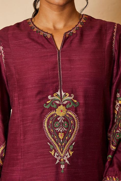 Buy Sue Mue Wine Tussar Georgette Thread Work Embroidered Kurta Salwar Set Online | Aza Fashions Hand Work Embroidery Kurti, Hand Embroidered Kurtis, Top Lehenga, Eastern Fashion, Embroidery Dresses, Hand Embroidery Dress, Short Kurta, Kurti Patterns, Embroidery On Kurtis