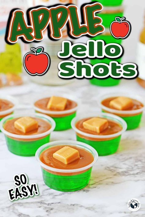 Caramel Apple Jello Shots are a fantastic and festive party snack. This is a fun adult treat for Fall, but we love it all year long! Green Apple Jello Shots Recipes, Caramel Apple Jell-o Shots, Carmel Apple Jell-o Shots, Crown Apple Jello Shots, Thanksgiving Jello Shots, Caramel Apple Jello Shots, Apple Jello Shots, Caramel Apple Shots, Thanksgiving Jello