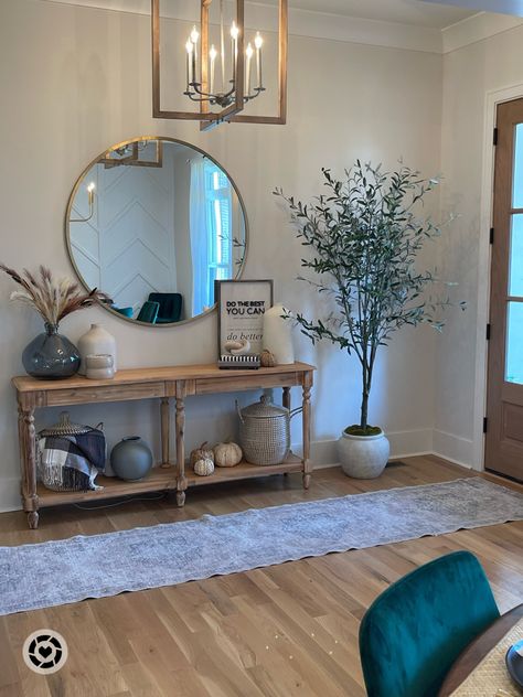 Long Accent Table, Long Table Decorations Home, Entryway Table With Chair, Entryway Decor Long Hallways, Large Long Entryway Ideas, Long Hallway Front Entry, Key Basket Entryway, Long Entry Table Decor, Open Space Entryway