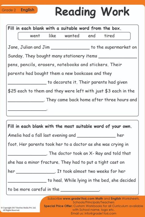 A series of Reading Comprehension Worksheets for second grade (2nd Grade). Students read the passage and fill in the blank space with suitable words given. Subscribe to www.grade1to6.com for just $25 a year to get 6000 plus Maths and English worksheets for Grade 1 to Grade 6 #mathworksheets #schoolprincipals #englishworksheets English Worksheets For Grade 1, Worksheets For Second Grade, Read The Passage, Worksheets For Grade 2, Cloze Passages, 2nd Grade Reading Worksheets, Worksheets For Grade 1, Creative Writing Worksheets, 2nd Grade Reading Comprehension