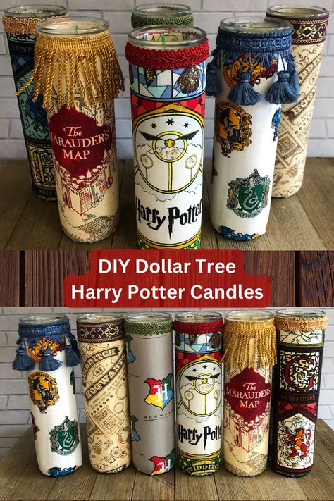 Dollar Tree Harry Potter Candle Makeover DIY Craft Dollar Tree Harry Potter Decor, Dollar Store Harry Potter Diy, Dollar Tree Harry Potter, Harry Potter Crafts Adults, Slytherin Diy, Harry Potter Christmas Decorations Diy Floating Candles, Hanging Candles Harry Potter Diy, Candles Harry Potter, Harry Potter Candle