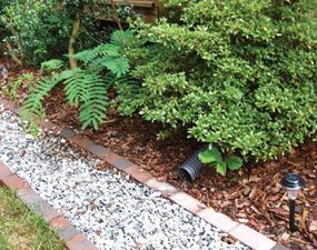 Downspouts lead into the French drain, which doubles as a pathway. Backyard Grass Alternative, Lawn Problems, Grass Alternative, Yard Drainage, Shade Tolerant Plants, No Grass Backyard, French Drain, Rain Garden, Home Landscaping