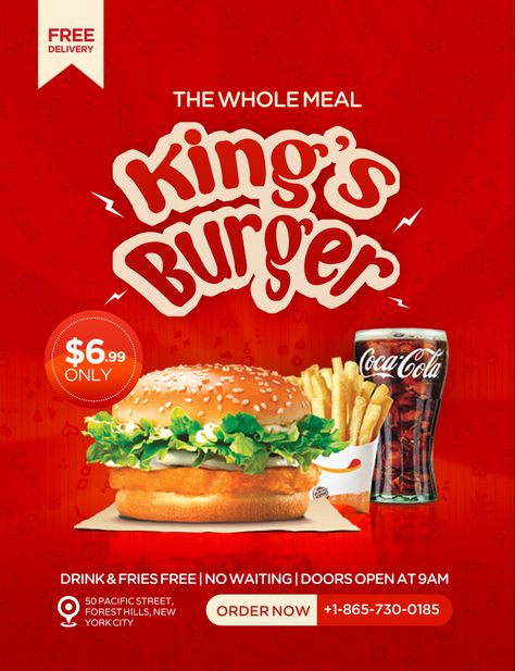 Promotional flier design Burger Design Poster, Flier Designs Ideas, Food Promotion Design, Product Advertisement, Social Media Mockup, Christmas Advertising, Food Promotion, King Design, Graphic Design Ads