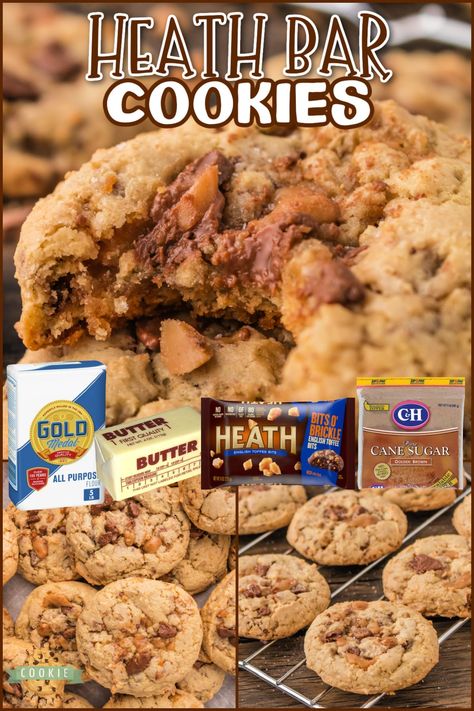 Salted Heath Cookies, Health Bar Cookies Recipes, Cookies With Heath Bar Bits, Salted Heath Chip Cookies, Cookie Recipes With Heath Chips, Butterscotch Heath Cookies, Oatmeal Heath Bar Cookies, Desserts With Heath Bars, Peanut Butter Heath Cookies