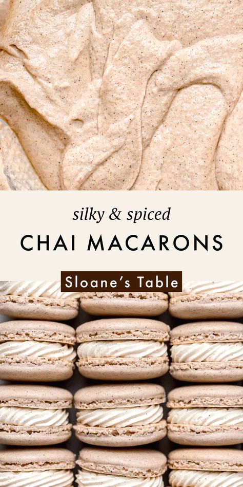 Chai Spice Macarons, Macaroons Recipe Flavors, High Altitude Macarons, Fall Flavored French Macarons, Chai Macarons Recipe, Macaroon Flavor Ideas, Baking Flavor Combinations, Macaron Filling Flavors, Cinnamon Roll Macarons