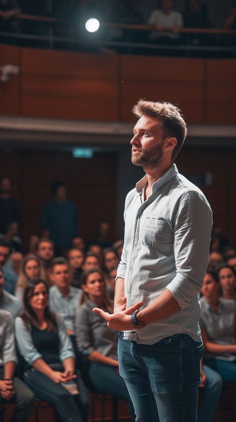 Confident Public Speaker: An engaging speaker delivers a presentation to an attentive audience in a formal auditorium setting. #speaker #audience #presentation #auditorium #public speaking #conference #stage #event #aiart #aiphoto #stockcake https://ayr.app/l/ZMJ2 Public Speaking Confidence, Seminar Photography, Speaker On Stage, Event Photography Ideas, Speaker Photography, Speaking On Stage, Conference Stage, Conference Photography, Future Board