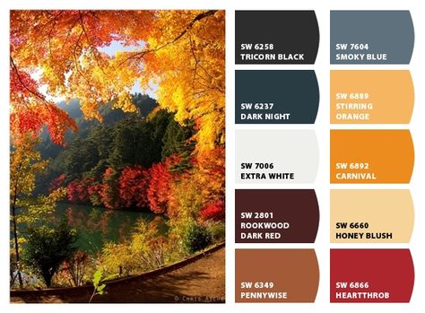 The colors of fall....  Paint colors from Chip It! by Sherwin-Williams Fall Paint Colors Sherwin Williams, Sherwin Williams Fall Color Palette, Fall Paint Colors, Fall Canvas, Fall Trees, Colors Of Fall, Paint Color Palettes, Fall Color Palette, Autumn Painting