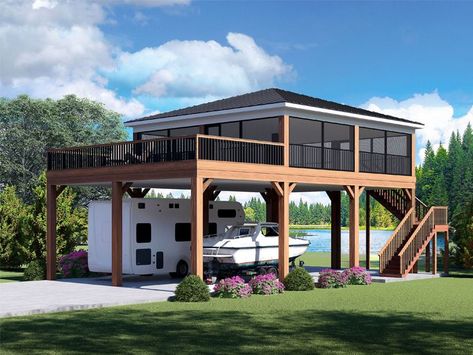 Open Garage Carport Ideas, Rv Carport Ideas, Screened Deck, Rv Shelter, Carport Design, Trailer Deck, Rv Carports, Car Ports, Open Deck