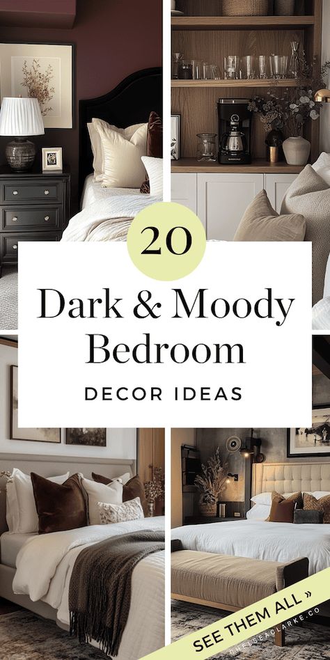 Looking to give your bedroom a makeover that feels dramatic, cozy, and oh-so-stylish? Check out these 20 inspiring moody bedroom decor ideas. This article has all the inspiration you need. From bold accent walls to lighting that sets the perfect mood, each idea is designed to make your bedroom feel super luxurious. You’ll find tips on everything from picking the perfect moody paint color to choosing the right furniture and decor pieces that bring warmth and personality to your space. Want to ... Model Home Bedroom Ideas, Owners Suite Decor Ideas, Hotel Feel Bedroom Inspiration, Bold Bedroom Decor, Moody Paint Colors For Bedroom, Dark Brown Moody Bedroom, Witchy Bedroom Ideas Cozy, Modern Moody Bedroom Ideas, Studio Mcgee Moody Bedroom