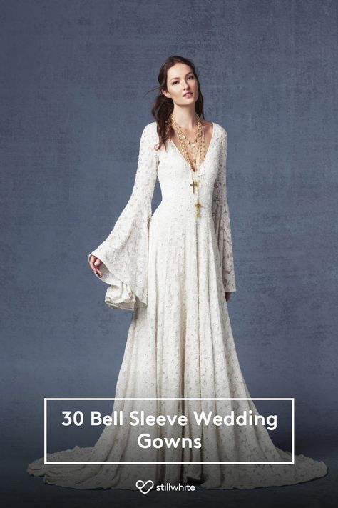 30 Bell Sleeve Wedding Gowns - The Stillwhite Blog - Stillwhite Bell Sleeve Wedding Dress, Boho Wedding Dress With Sleeves, Ceremony Dress, Medieval Wedding, Wedding Gowns With Sleeves, Dress Idea, Bohemian Wedding Dress, Sleeve Wedding Dress, Casual Wedding Dress