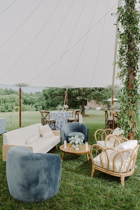 Lounge seating at a wedding is a must! We love this seating area that we designed for this gorgeous outdoor estate wedding in Maryland.  Garden Wedding Ideas | Blue and white wedding | Baltimore Wedding Ideas | Baltimore Wedding Venue | How to Plan a Wedding in Baltimore | Baltimore Wedding Planner | Baltimore Wedding Decor Rentals | Seating for Weddings | Wedding Guest Chairs | Wedding Lounge ideas | Furniture for weddings | Chairs for weddings | Moore & Co Events | Sailcloth Tent Wedding Outdoor Wedding Seating Ideas Reception Lounge Areas, Wedding Cocktail Lounge Area, Seating Area At Wedding, Wedding Seating Vignettes, Wedding Seating Couches, Couches Outside Wedding, Seating Area Wedding Reception, Wedding Furniture Ideas, Backyard Wedding Lounge Area