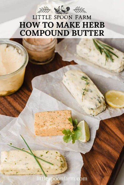 Learn how to make an easy herb butter for things like steak, chicken, garlic bread, corn, salmon, turkey and more! This post include 5 different variations of savory compound butter that is super simple to make. Combinations include garlic, rosemary, thyme, lemon and chives. Compound Butter Recipes, Flavored Butter Recipes, Butter Recipes Homemade, Compound Butters, Compound Butter Recipe, Herb Butter Recipe, Tomato Butter, Infused Butter, Garlic Herb Butter