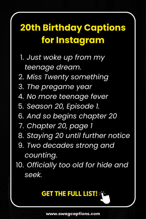 Unlock the perfect vibe for your 20th birthday bash with these trendy Instagram captions! Explore 20th Birthday Captions for Instagram that radiate youthful joy and make your celebration unforgettable. Birthday Profile Caption, 20th Birthday Quotes Instagram, 20 Yrs Old Birthday Caption, My 20th Birthday Captions, My 20th Birthday Quotes, 20 Years Birthday Caption, Funny 20th Birthday Captions, 20th Birthday Celebration Ideas, 20s Birthday Caption