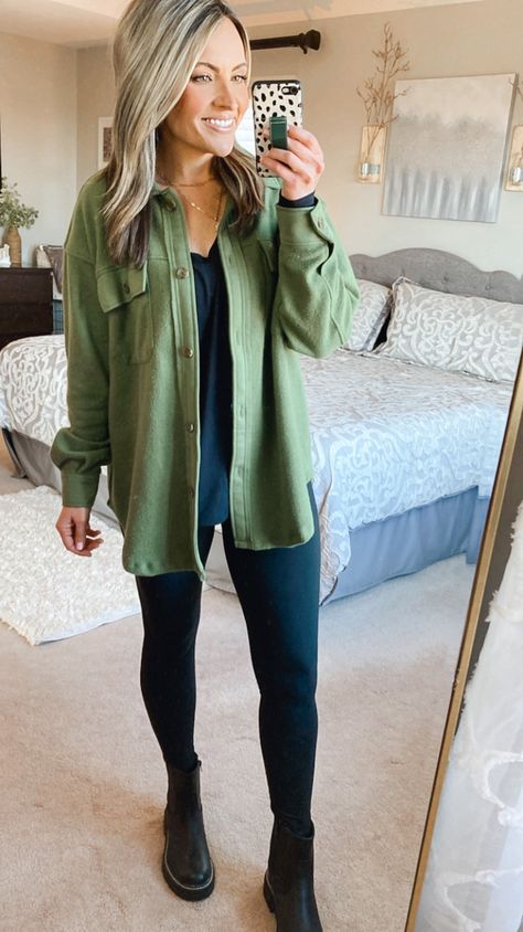 Outfit Ideas Day Out, School Outfits For Teachers, Shaket Outfits With Leggings, Cold Weather Fall Outfits, Cute Winter Teacher Outfits, Spring Shacket Outfits, Millenial Mom Outfits, Trending Mom Outfits, Rainy Day Teacher Outfit Fall