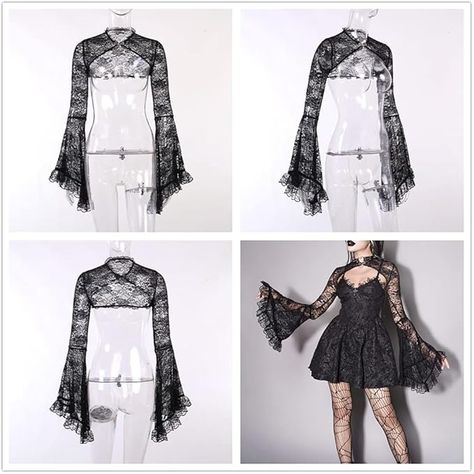 Goth Lace Shawls For Women Bolero Shrug Gothic Large Bell Sleeve Crop Top Flare Lace Sleeve Sheer Mesh Cardigan at Amazon Women’s Clothing store Goth Bolero, Goth Sleeves, Gothic Shawl, Gothic Fits, Bolero Outfit, Shrug For Women, Goth Crop Top, Lace Shawls, Vampire Clothes