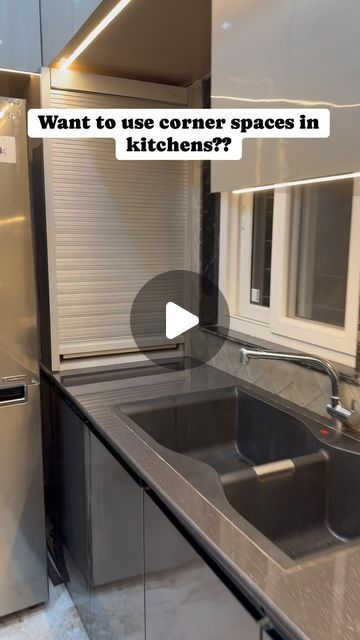 Interior Designer on Instagram: "Rolling Shutters🧑‍🍳 . . . . Roller shutters provide a elegant feel with great functionality becoming main attraction of your kitchen. They leave your kitchen transformed and reward it with the luxury of space. The range ensures easy workability, smooth motion and unhindered access to the storage items while you work. They can be used in a variety of ways including but not limited to storing: small crockery, small oven, air fryers, etc.  . . #kitchendesign #kitchen #rollingshutter #rollingshutterdoor #kitchenware #kitchenrenovation #kitchenofinstagram" Corner Shutter Kitchen, Indian Store Room Ideas, Kitchen With Store Room Ideas, Crockery Unit Design Small, Kitchen Interior For Small Spaces, Store Room Ideas Kitchen Indian, Store Room Ideas Kitchen, Kitchen Roller Shutter Cabinet, Kitchen Store Room Ideas