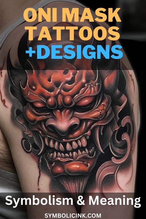 Oni Mask Tattoo Meanings Oni Mask Bicep Tattoo, Horror Japanese Tattoo, Oni Tattoo Design Ideas, Japanese Oni Tattoo Design, Oni Meaning, Japanese Demon Tattoo Traditional, Evil Japanese Tattoo, Oni Mask Chest Tattoo, Chinese Demon Tattoo