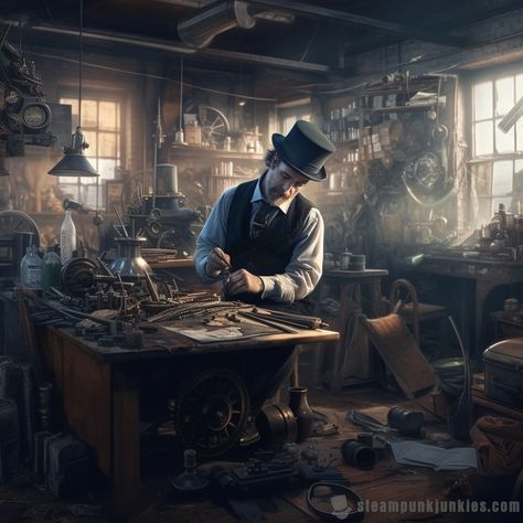 #Inventor #workshop #workshop #creation #engineering #victorian Fantasy Tinkerer Workshop, Inventor Workshop Concept Art, Fantasy Inventor Aesthetic, Victorian Inventor, Inventor Workshop, Steampunk Automaton, Inventor Art, Inventor Aesthetic, Victorian Workshop