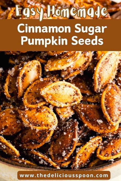 Enjoy the perfect fall snack with cinnamon sugar roasted pumpkin seeds! Easy to make, gluten-free, and vegetarian, these healthy treats are baked to crispy perfection in the oven. Savor the delightful blend of sweet and spicy flavors, perfect for a guilt-free snack or topping. Pumpkin Seed Recipes Cinnamon, Pumpkin Seed Recipes Baked, Baked Pumpkin Seeds, Cinnamon Sugar Pumpkin Seeds, Pumpkin Seeds Cinnamon, Best Pumpkin Seed Recipe, Flavored Pumpkin Seeds, Pumpkin Seed Recipes Roasted, Perfect Pumpkin Seeds