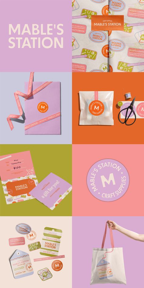 Mabel's Station Craft Store | Branding, Logo Branding And Packaging Design, Branding Ideas Marketing, Color Brand Palette, Colorful Brand Palette, Funky Brand Design, Small Business Branding Ideas, Jewel Branding, Fun Branding Design, Craft Branding