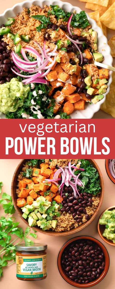 vegetarian power bowls with toppings Vegan Broth, Fluffy Quinoa, Vegetarian Bowls, Vegetarian Quinoa, Healthy Bowls Recipes, Power Bowl, Roasted Sweet Potato, Power Bowls, Vegetarian Salads