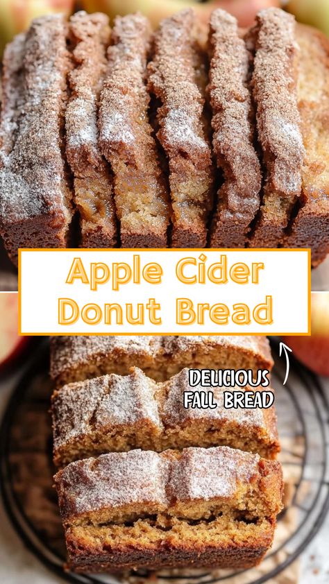 Apple Cider Donut Bread Apple Cider Bread Machine Recipe, Fall Breakfast Breads, Apple Cider Donut Bread Recipe, Apple Cider Donut Muffins Recipe, Apple Cider Doughnut Bread, Flavored Homemade Bread, Baking With Apple Cider, Cinnamon Donut Bread Recipe, Easy Breakfast Bread Recipes