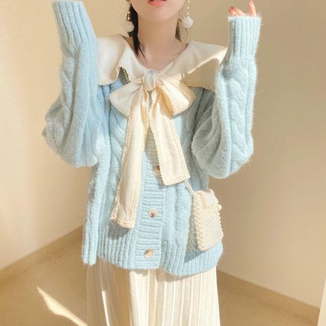 These cute sweater aesthetics are now at Juwas! Shop now at https://www.juwas.com/ Blue Cute Clothes, Light Blue Clothing Aesthetic, Soft Blue Clothes, Blue Aesthetic Clothes, Aesthetic Blue Outfits, Blue Outfits Aesthetic, Knitted Dress Winter, Dress Winter Long, Pastel Blue Outfit