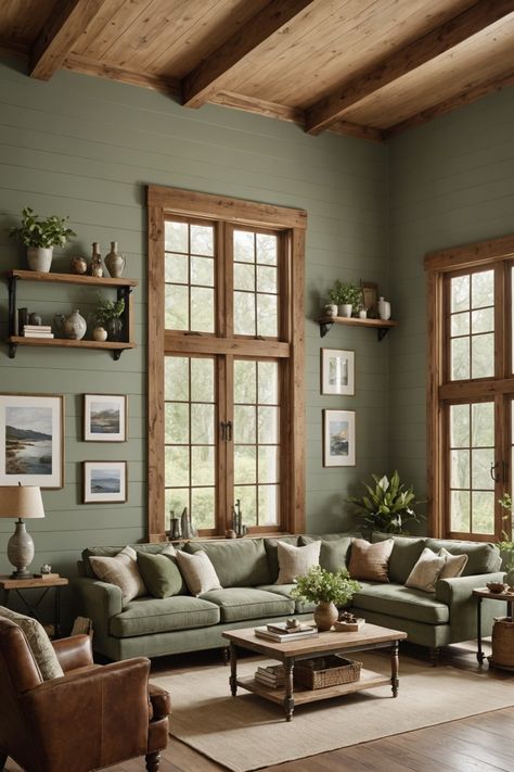 21 Sage Green Living Room Ideas – The Dear Lab Mid Century Modern Living Room Sage Green, Cottagecore Green Living Room, Sage And Silver Living Room, Olive Green Farmhouse Living Room, Green Couch Rustic Living Room, Green Sofa Cottage Living Room, Scandinavian Green Living Room, Green Living Room With Panelling, Mossy Green Living Room Walls