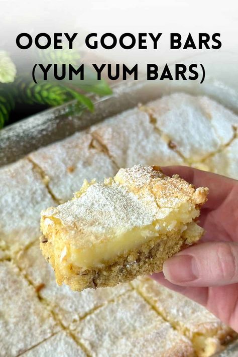 Ooey Gooey Bars Ooey Gooey Butter Bars, Amish Friendship Bread Starter Recipes, Ooey Gooey Bars, Comfort Food Desserts, Easy Bar Recipes, Gooey Bars, Gooey Butter, Custard Cake, Decadent Chocolate Cake