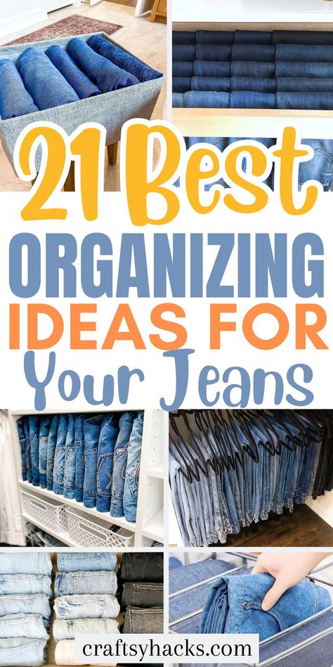 21 Awesome Jean Storage Ideas Organizing Jeans In Drawer, Jeans Organizer Closet, Mens Jeans Storage, Sock Bin Ideas, How To Hang Blue Jeans In Closet, Jeans In Closet Organize, Denim Storage Ideas, Best Way To Store Jeans In Closet, Jeans Storage In Closet