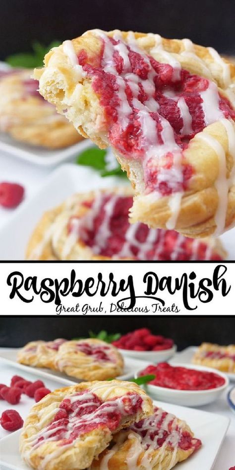 A double photo collage of raspberry danishes. Raspberry Desserts With Fresh Raspberries, Raspberry Cheese Danish Recipe, What Can I Do With Raspberries, Raspberry And Puff Pastry, Raspberry Danish Puff Pastries, Raspberry Cheese Danish, Breakfast Danish Recipe, Raspberry Fritters, Raspberry Pastry Recipes