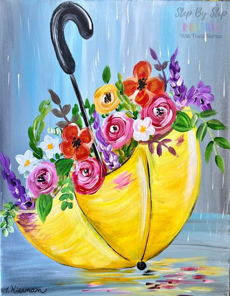 Let's paint a "Rainy Day Bouquet"! I love the color combination in this painting! The gray-blue background works so nicely with the bright colorful bouquet and brilliant yellow umbrella.  I will be demonstrating this on American Flag Painting, Fall Canvas Painting, Flag Painting, Paint Night, Holiday Painting, Spring Painting, Acrylic Painting Tutorials, Halloween Painting, Happy Paintings