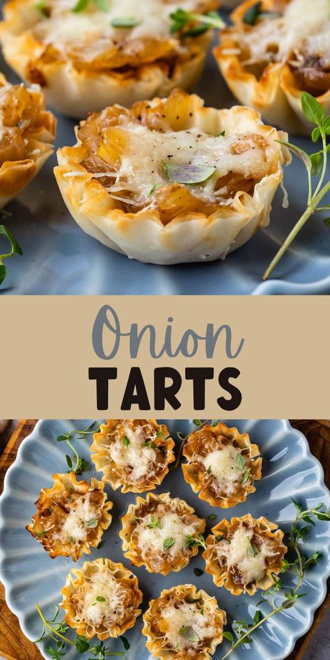 Mini Onion Tarts are bites of french onion tart in phyllo dough - this is the perfect easy appetizer recipe for a party! French Onion Phyllo Cups, Mini Philo Cup Recipes, Mini Onion Tart, French Onion Tarts, Tartlet Appetizer Recipes, Mini Tarts Savory Appetizers, Phillo Puff Pastry Cup Appetizers, Onion Tartlets Appetizers, French Onion Tartlets Recipe