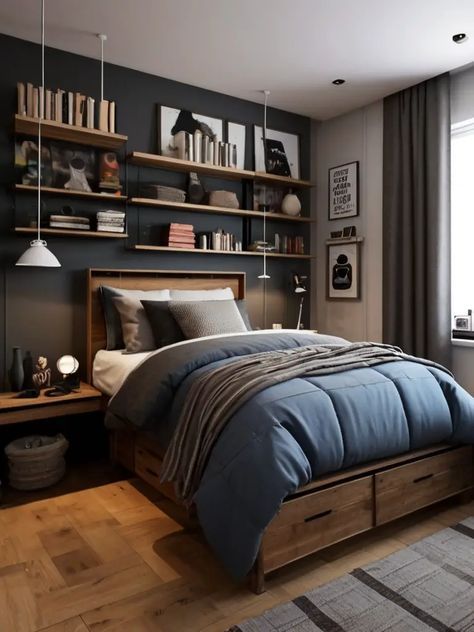 40+ Amazing Teenage Boy Bedroom Ideas on Pinterest Mans Room Ideas Bedrooms, Wall Shelves Boys Bedroom, Paint Colors For Teenage Boys Room, Boys Teen Bedroom Ideas, Charcoal And Green Bedroom, Teen Bedroom Decor For Boys, Moody Teen Boy Bedroom, Ikea Teenage Boys Bedroom Ideas, Teen Boy Paint Colors Bedroom