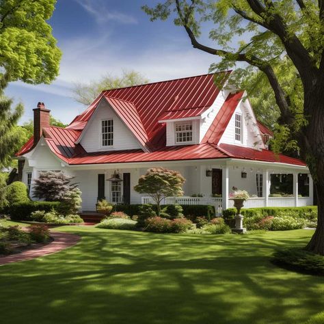 Red Roof White House Black Trim, Red Roof Farmhouse, House With Red Roof, Red Roof House Colors, White Stucco House, Modern Prairie Home, Red Roof House, Farm Cottage, Stucco Homes