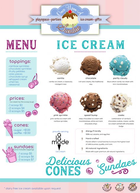 Rockville Centre Birthday Parties | Once Upon A Sundae Ice Cream Shop Menu Design, Ice Cream Menu Ideas, Ice Cream Shop Menu Ideas, Ice Cream Menu Design Ideas, Ice Cream Menu Design, Ice Cream Shop Design, Menu Ice Cream, Ice Cream Names, Honey Pancakes