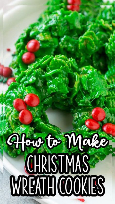 Cornflake Wreaths, Cornflakes Cookies, Mall Event, Christmas Wreath Cookies, Cornflake Cookies, Wreath Cookies, Holiday Desserts Table, Easy Christmas Treats, Marshmallow Treats