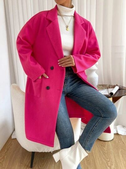 Bright Pink Coat Outfit, Outfit With Pink Coat, Hot Pink Coat Outfit Winter, Pink Long Coat Outfit, Pink Overcoat Outfit, Fall Pink Outfit, Hot Pink Coat Outfit, Magenta Outfit Ideas, Hot Pink Top Outfit