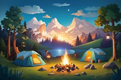 Camping Banner Design, Camping Illustration Art, Camp Background, Camping In Forest, Camping Background, Camp Illustration, Camp Banner, Wallpaper Adventure, Camping Landscape