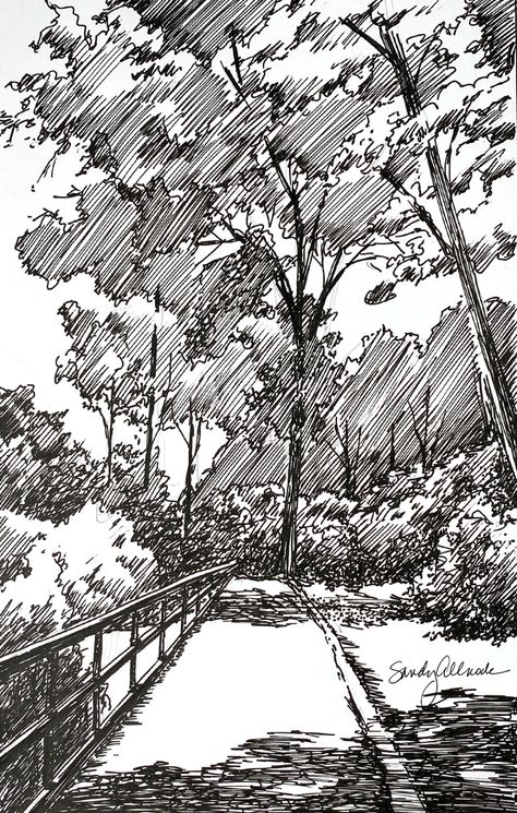 Landscape Hatching Drawing, Black Pen Landscape Drawing, Architecture Nature Drawing, Ink Sketch Landscape, Pen Nature Drawings, Path Ink Drawing, Black And White Art Drawing Sketching, Nature Pen Art, Drawing Sketches Landscape