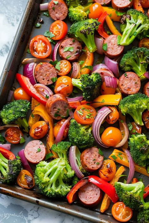 Sheet Pan Sausage and Veggies - Insanely Good Pan Sheet Sausage And Veggies, Sausage One Sheet Pan, Steak Tips Sheet Pan Dinner, Veggie Sausage Sheet Pan, Chicken And Feta Sausage Recipes, Sheet Pan Chicken And Sausage, One Sheet Pan Sausage And Veggies, One Sheet Sausage And Veggies, Sheet Pan Veggies And Sausage