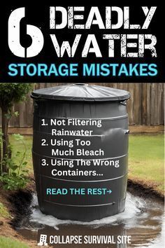 To a prepper, having a well-thought-out water storage plan and putting it into practice is critical. Storing water should consist of four parts: Having access to water or knowing how to find it, having the ability to filter and purify water, means of transporting water, and proper storage facilities. In this article, we'll concentrate on the last part, water storage, because there are a lot of simple mistakes that can be made and if you make them, the consequences could prove deadly. Water Collection System, Survival Skills Emergency Preparedness, Purify Water, Off Grid Survival, Storing Water, Emergency Prepardness, Survival Skills Life Hacks, Emergency Preparedness Kit, Homesteading Skills