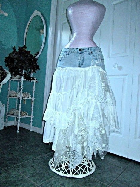 White Eyelet Lace Ruffle Jean Skirt Indigo Rein Acid Wash Bleached Stretch Faded Rose Pin Fairy Western Festival Renaissance Denim Couture - Etsy Adding Lace To Jeans, Denim Skirts With Lace, Jeans Lace Diy, Jean Skirt With Ruffles, Lace Jean Skirt, How To Make A Long Jean Skirt Out Of Jeans, Denim And Lace Skirt, White Dress Over Jeans, Bleach Art On Jeans