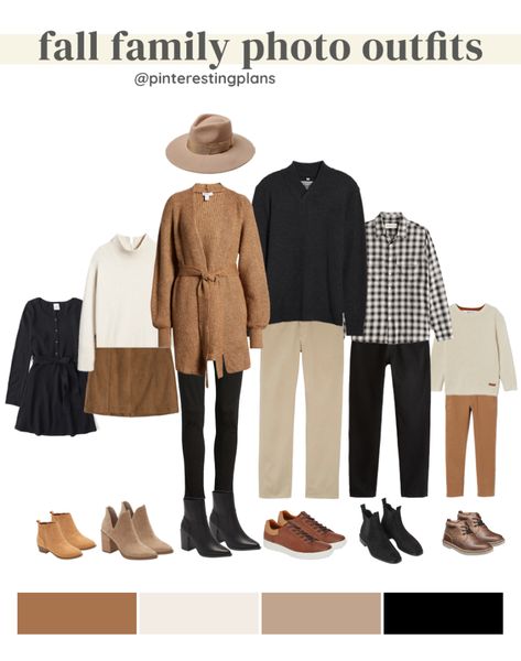 Family Photo Outfits Cool Tones, Casual Christmas Family Photos Outfits, Black Khaki Family Pictures, Dark Neutral Photoshoot Outfits, Black And Tan Photoshoot, Thanksgiving Family Photoshoot Outfits, Family Pics With Black Clothing, Black And Cognac Family Pictures, Black Gray Tan White Family Pictures