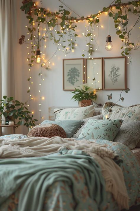 How To Make Fairy Lights Look Good, Cute Bedroom Fairy Lights, Cozy Apartment On A Budget, Room Ideas Cheap Diy, Ideas For Lights In Bedroom, Makeover Room Ideas, Lighting Home Ideas, Aesthetic Cute Room Ideas, Light Room Ideas Bedrooms